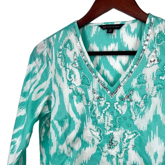 Brooks Brothers 346 Womens Sz XS Teal Green Beaded Tropical Blouse Shirt Top - Picture 3 of 10